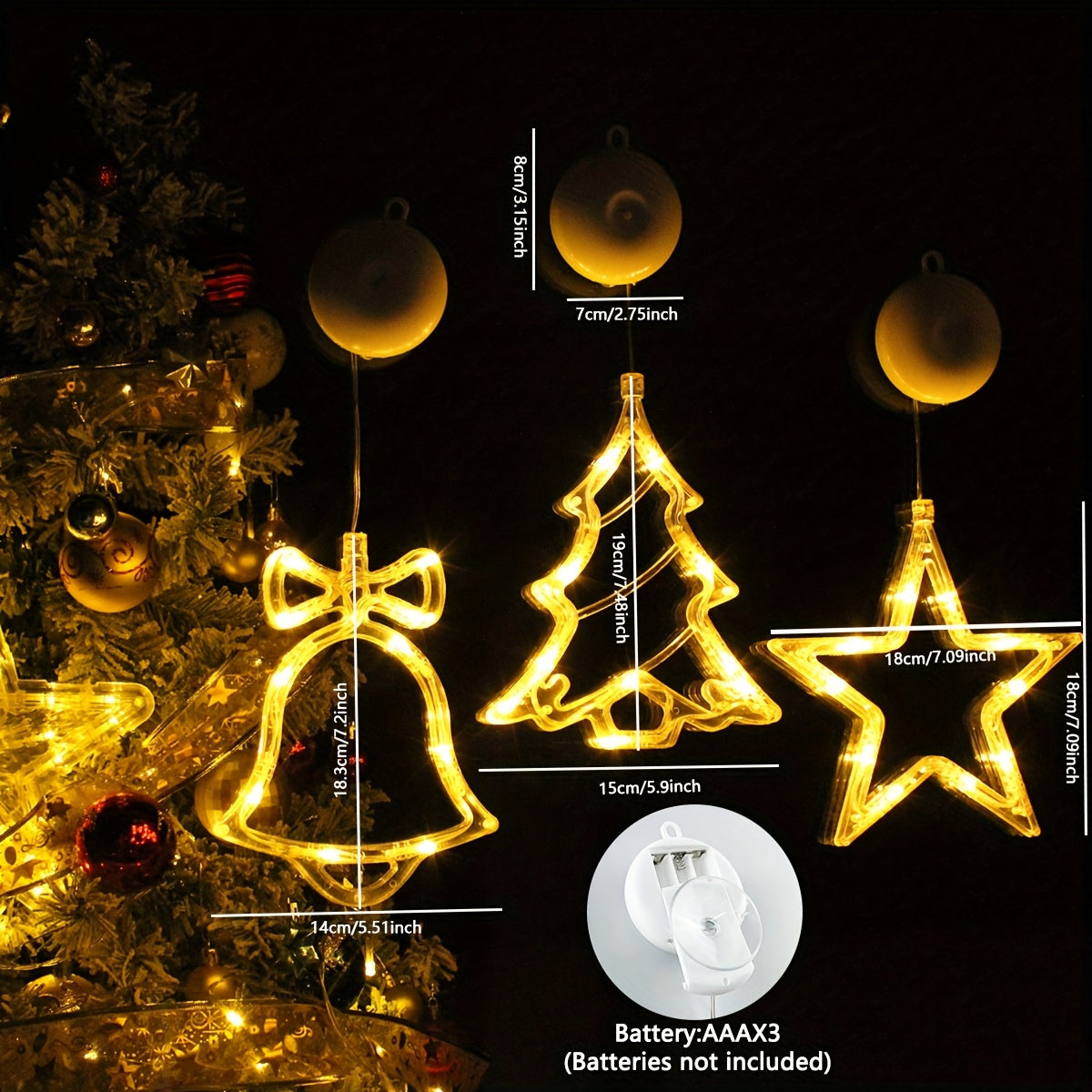 L&B® Strahlendes Weihnachtsfenster-Lichterset – Glocke, Baum & Stern (3-teilig)