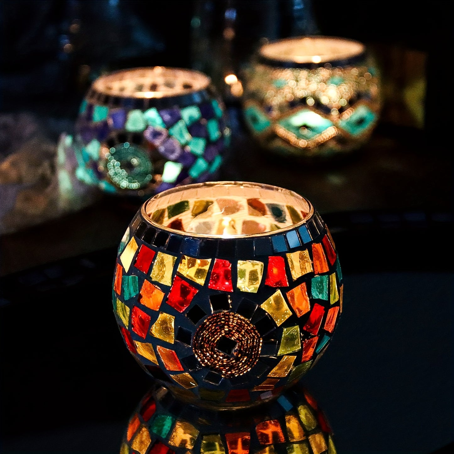 L&B® Mosaic Glass Candle Holders -  Set of 3
